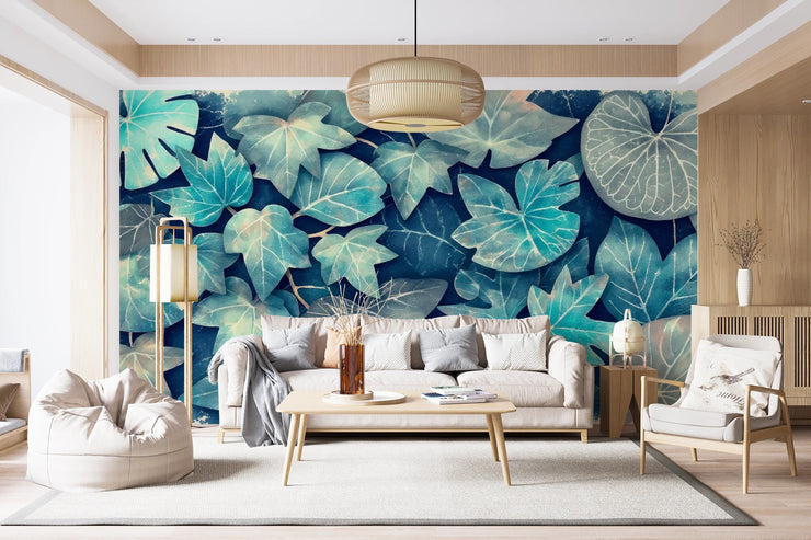 Moody Indigo & Teal Botanical Leaf Wall Mural - Abstract Art Wallpaper for Accent Wall - Wallmotif.com