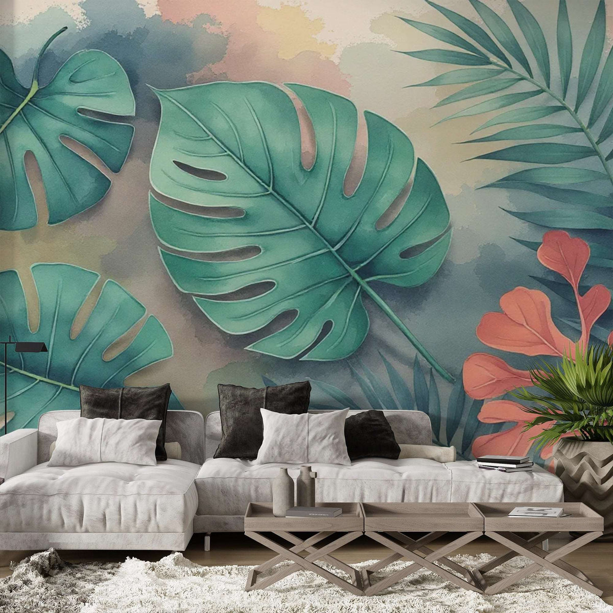 Tropical Leaves Watercolor Mural Wallpaper - Jungle Oasis Botanical Wallpaper