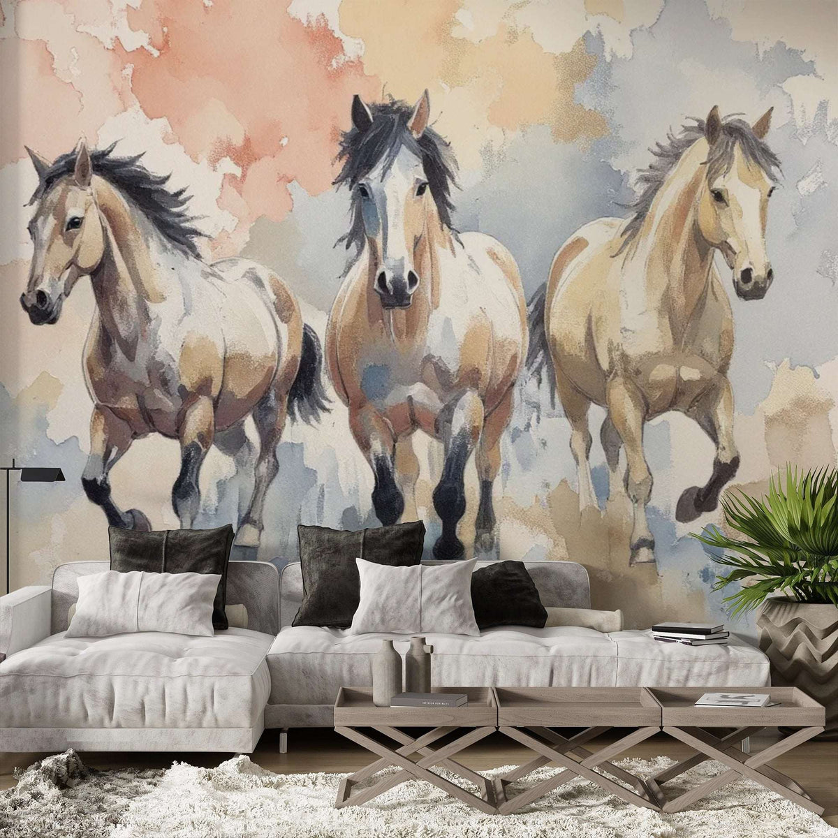 Wild Horses Watercolor Mural Wallpaper - Rustic Ranch Horse Themed Wallpaper