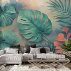 Tropical Leaves Watercolor Mural Wallpaper - Jungle Oasis Botanical Wallpaper