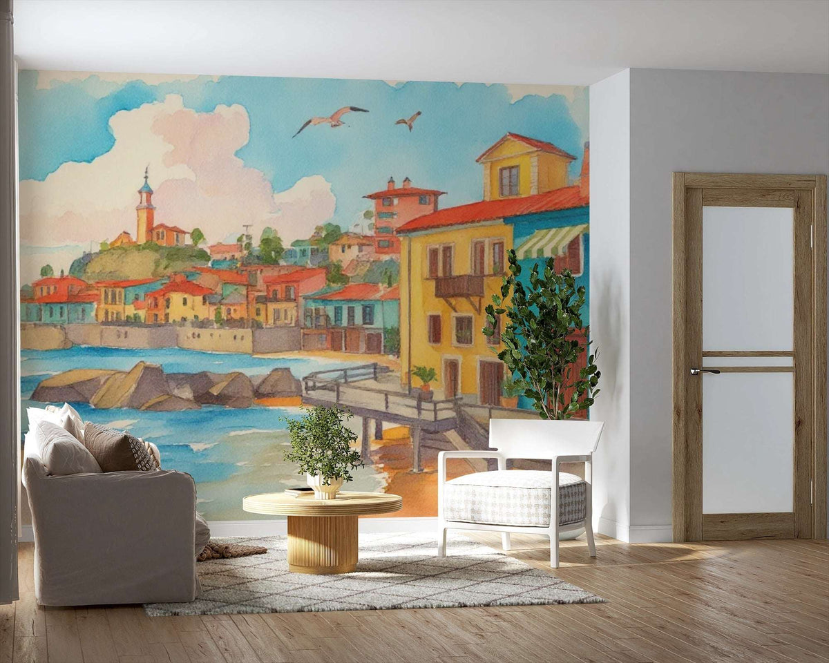 Vibrant Mediterranean Coastal Town Watercolor Mural Wallpaper
