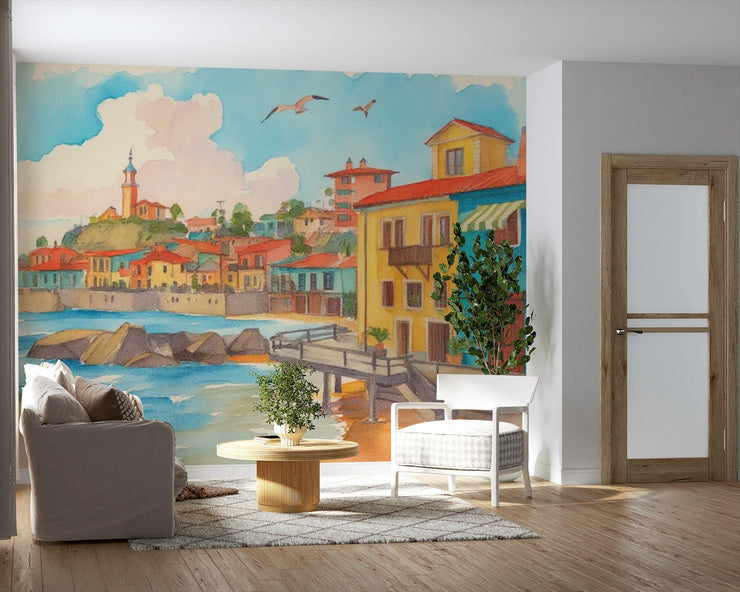 Vibrant Mediterranean Coastal Town Watercolor Mural Wallpaper - Wallmotif.com