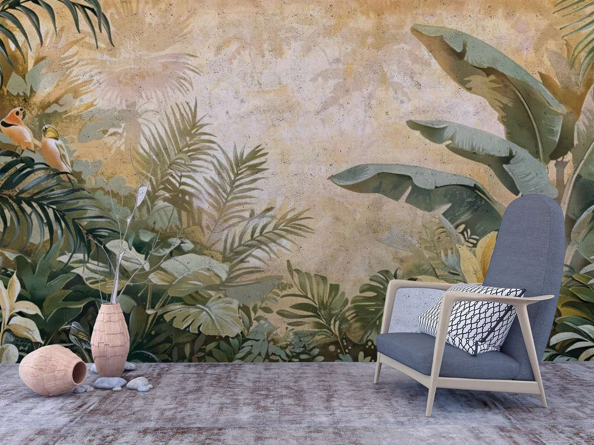 Tropical Jungle Wall Mural - Birds and Tropical Leaves Mural