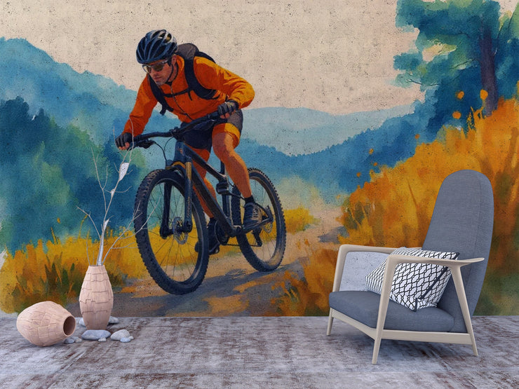 Dynamic Mountain Biker Wall Mural - Watercolor Cycling Adventure Wallpaper Art - Wallmotif.com