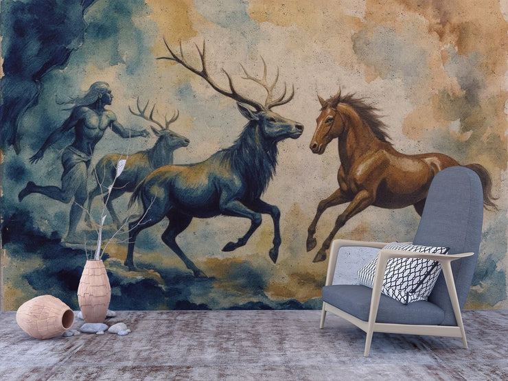 Mythical Stag & Horse Watercolor Wall Mural - Enchanting Forest Spirit Accent Wall Decor - Wallmotif.com