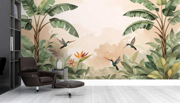 Serene Hummingbird Wallpaper Tropical Leaf Wall Mural - Wallmotif.com