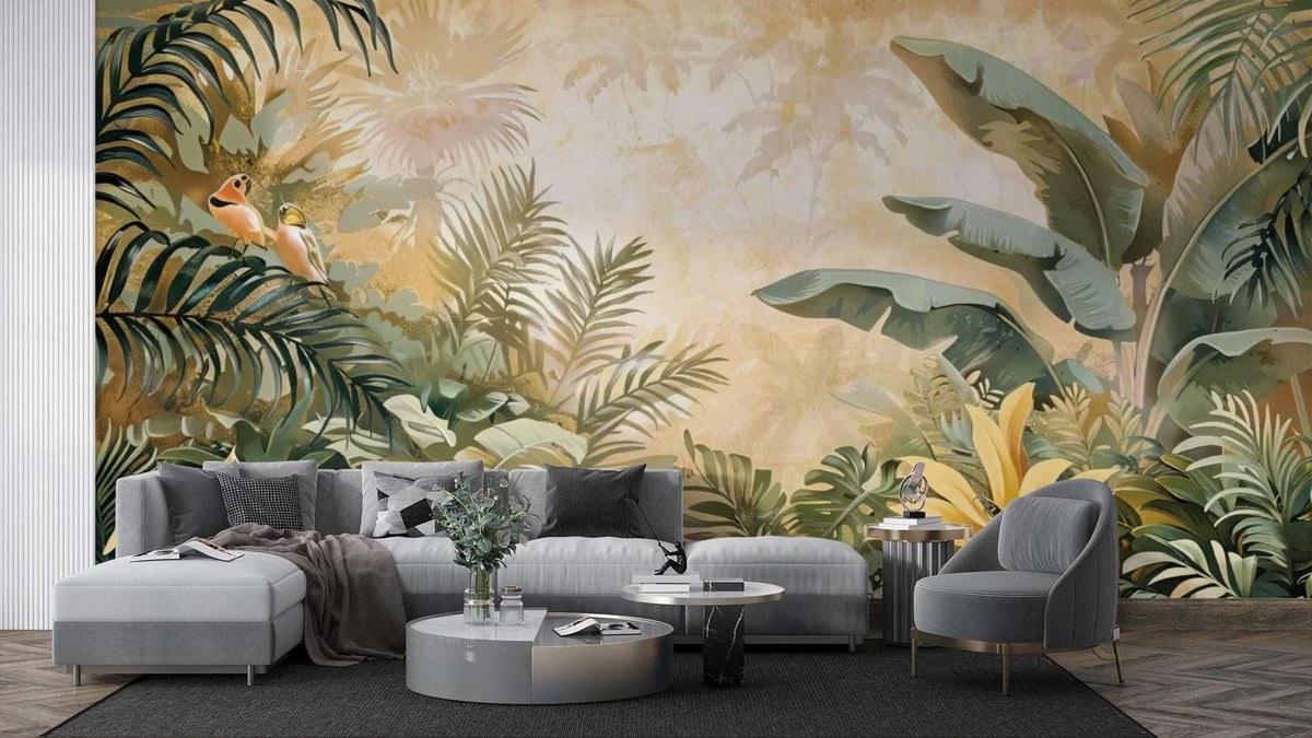 Tropical Jungle Wall Mural - Birds and Tropical Leaves Mural