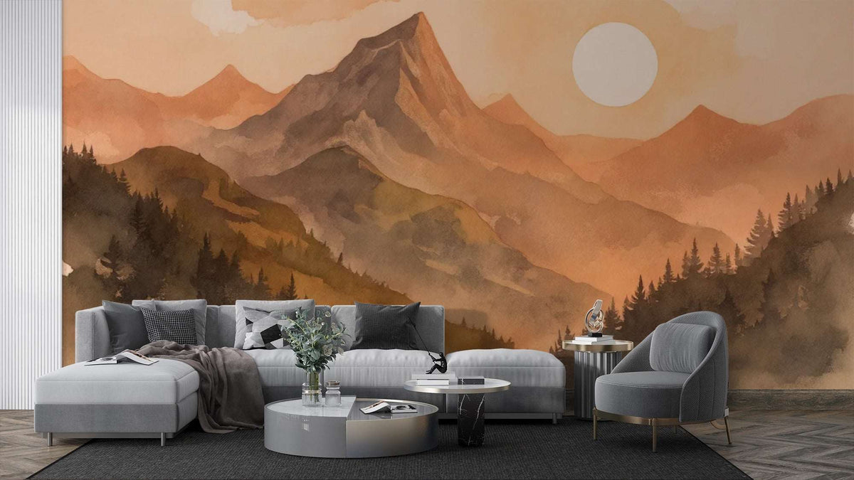 Warm Mountain Sunset Wall Mural - Cozy Nature Decor