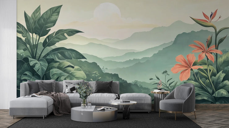 Mountain Landscape Tropical Leaves Wall Mural - Wallmotif.com