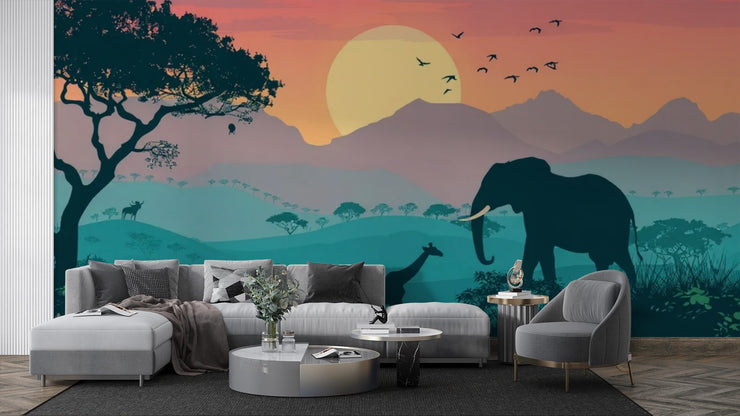 Savanna Sunset Wall Mural. Safari Elephant Wallpaper. African Landscape Peel and Stick - Wallmotif.com