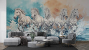 Running White Horses Wall Mural - Majestic Horse Herd Watercolor Mural - Wallmotif.com