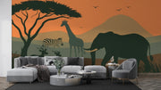African Sunset Safari Wallpaper - Elephant, Giraffe Zebra Wall Mural - Wallmotif.com