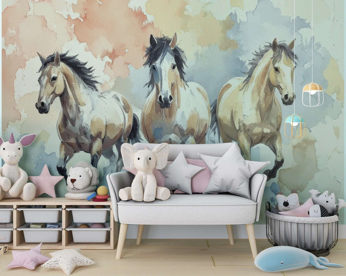 Wild Horses Watercolor Mural Wallpaper - Rustic Ranch Horse Themed Wallpaper