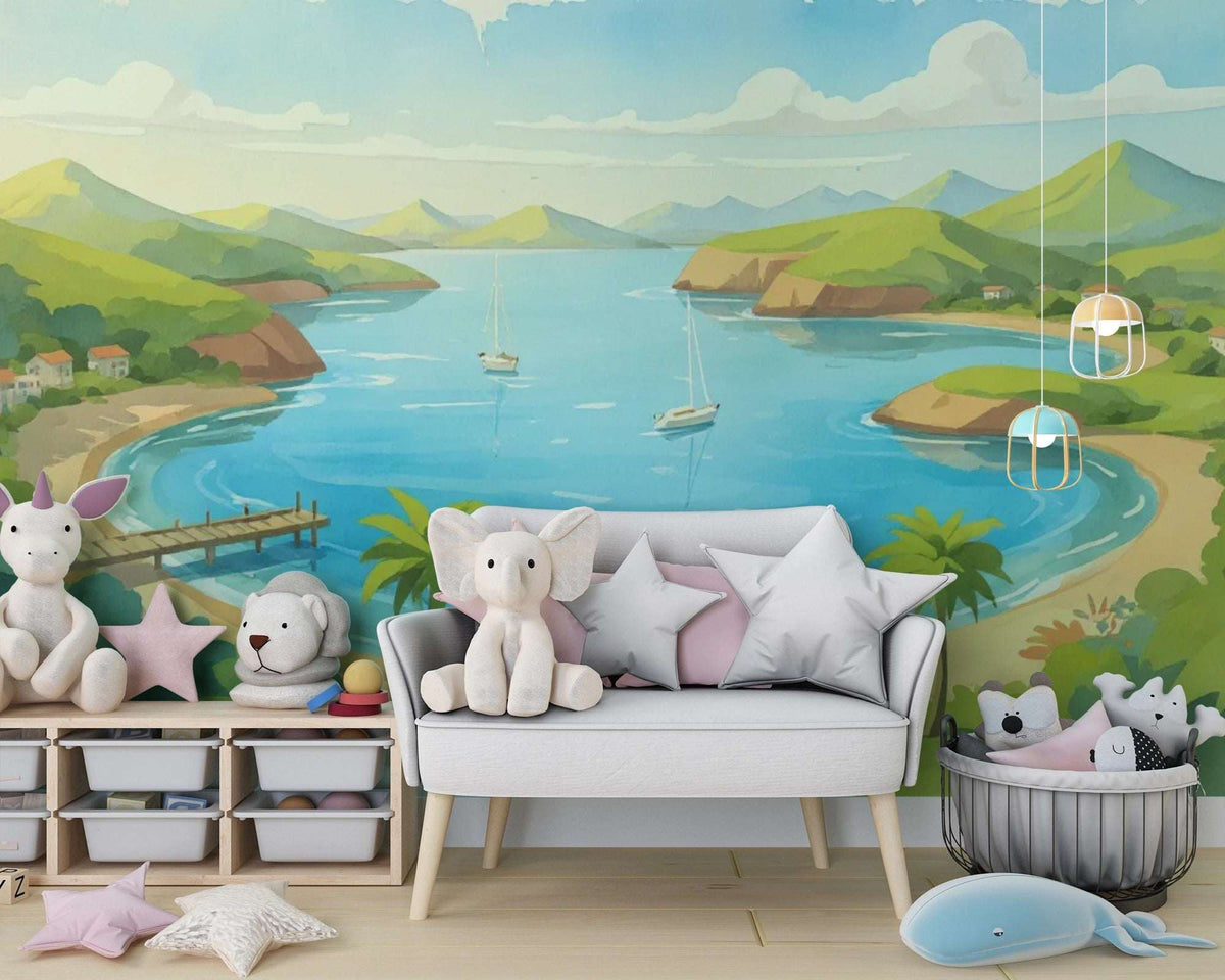 Coastal Escape Wall Mural for Kids - Sunny Bay Watercolor Mural Wallpaper