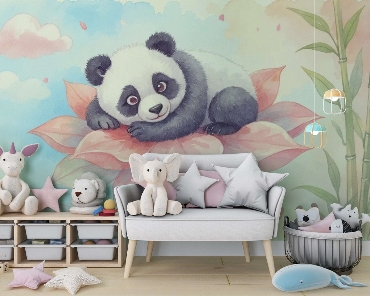 Cute Panda Wall Mural for Nursery - Dreamy Watercolor Panda & Lotus Wallpaper