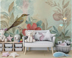 Watercolor Bird Floral Wallpaper, Nursery Mural, Removable Self-Adhesive Wall Decal