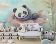 Cute Panda Wall Mural for Nursery - Dreamy Watercolor Panda & Lotus Wallpaper - Wallmotif.com