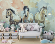 Wild Horses Watercolor Mural Wallpaper - Rustic Ranch Horse Themed Wallpaper - Wallmotif.com