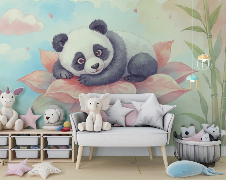 Cute Panda Wall Mural for Nursery - Dreamy Watercolor Panda & Lotus Wallpaper - Wallmotif.com