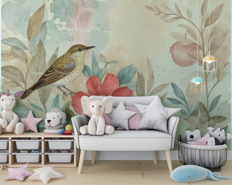 Watercolor Bird Floral Wallpaper, Nursery Mural, Removable Self-Adhesive Wall Decal - Wallmotif.com
