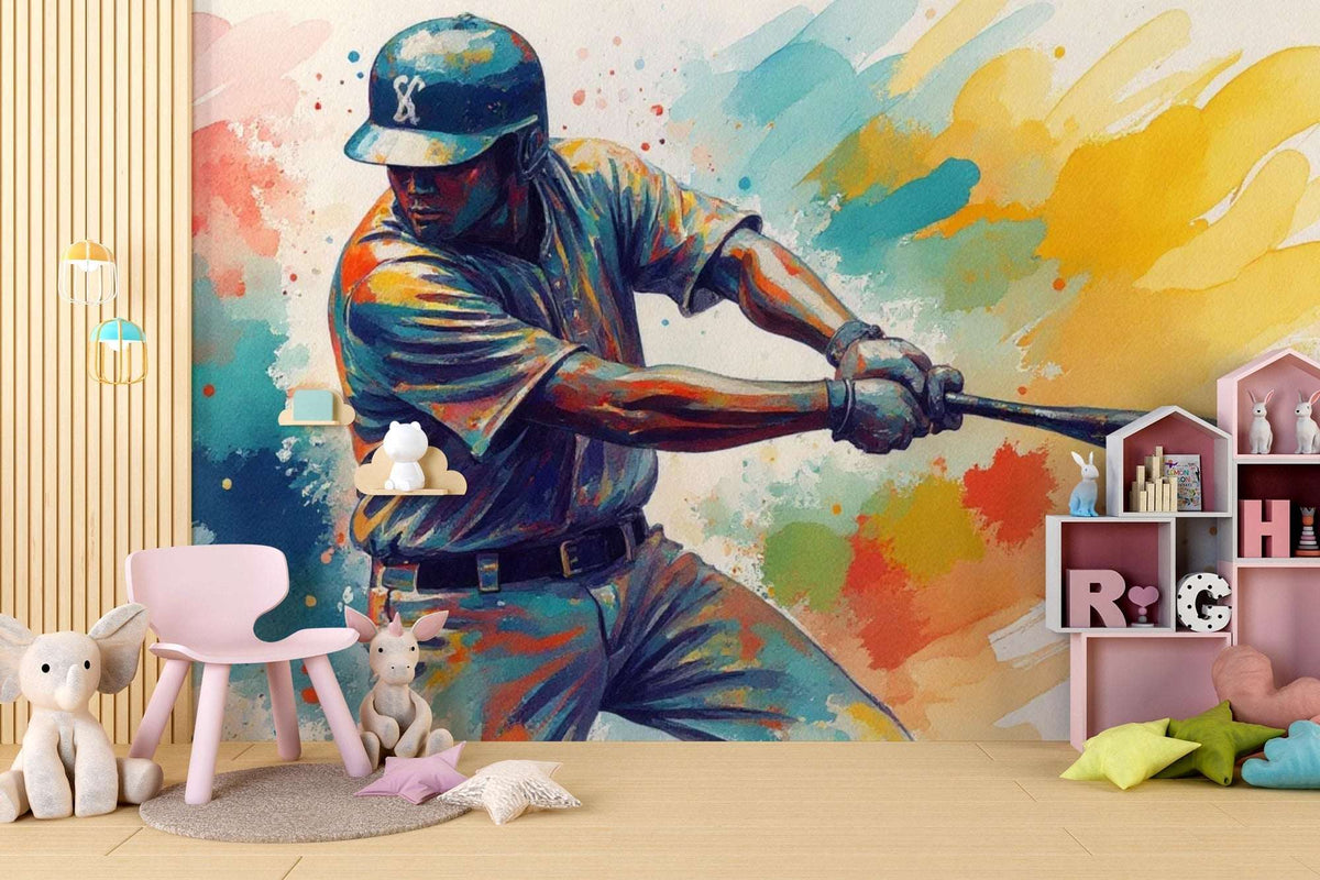 Abstract Watercolor Baseball Player Wall Mural - Sports Themed Kids Room Decor