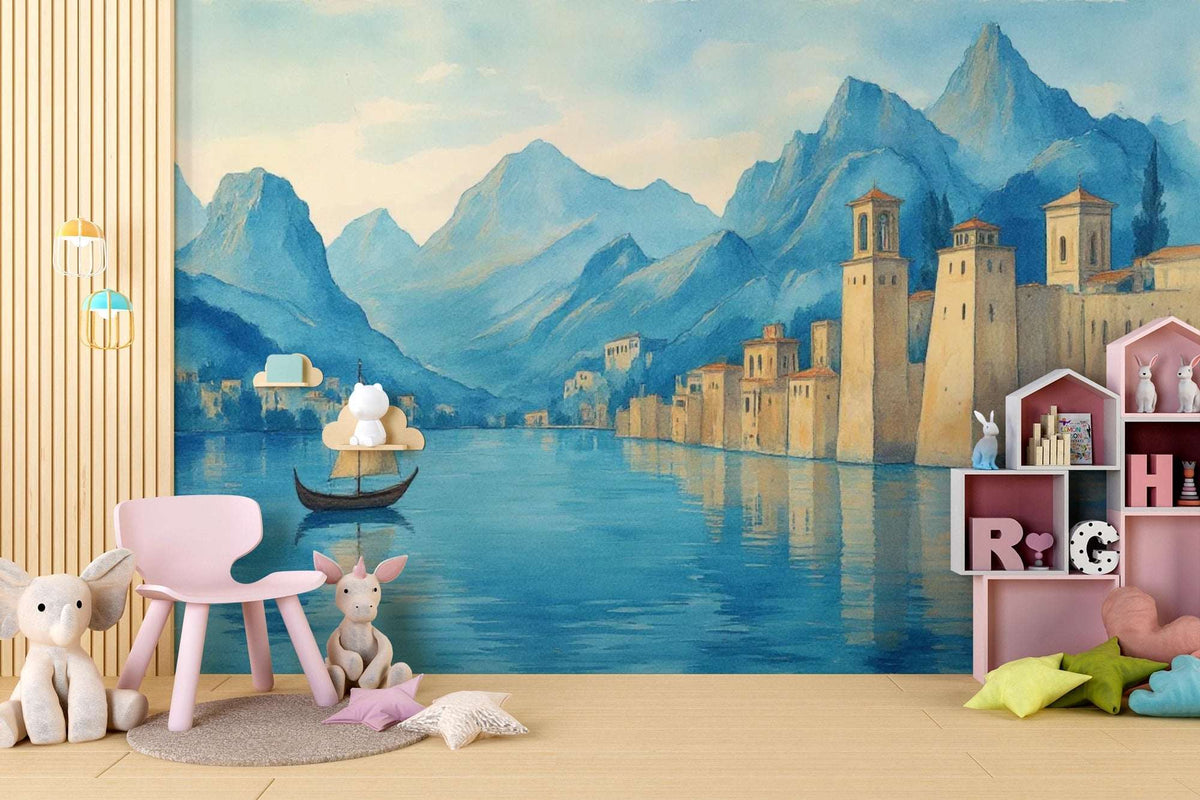 Watercolor Coastal City & Mountain Wall Mural - European Scenery Kids Room Decor