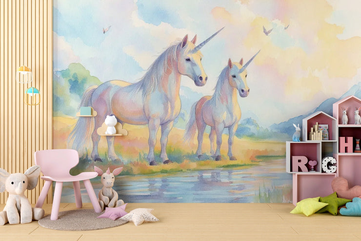 Watercolor Unicorn Wallpaper Mural, Fantasy Nursery Decor, Magical Peel and Stick Wall Mural - Wallmotif.com