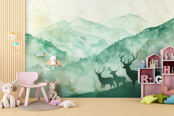 Watercolor Forest & Deer Wallpaper - Green Mountains Forest Wall Mural - Wallmotif.com