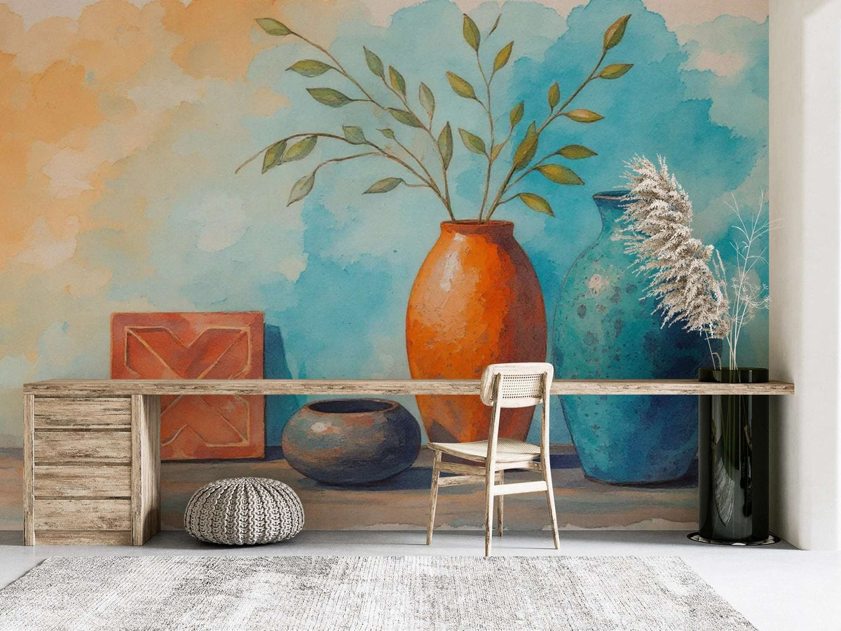 Vibrant Vase and Pampas Grass Wall Mural - Modern Home Decor