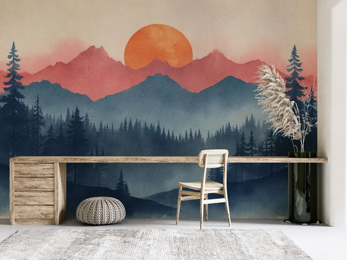 Sunrise Mountain Forest Wall Mural - Nature Inspired Decor