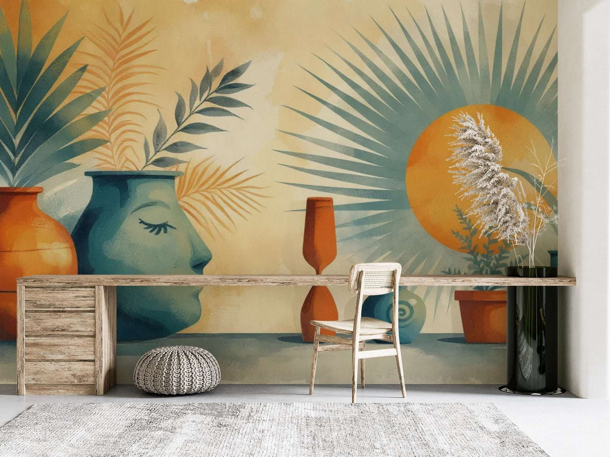 Abstract Bohemian Wall Mural - Serene Face & Sun Art Wallpaper
