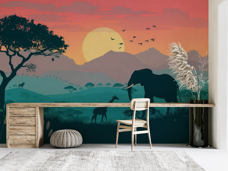Savanna Sunset Wall Mural. Safari Elephant Wallpaper. African Landscape Peel and Stick - Wallmotif.com