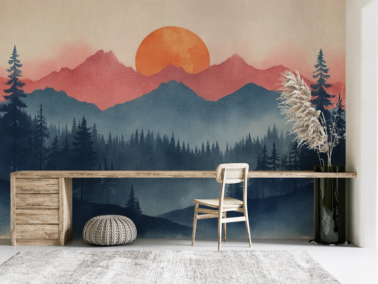 Sunrise Mountain Forest Wall Mural - Nature Inspired Decor - Wallmotif.com