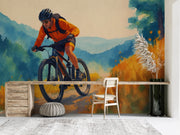 Dynamic Mountain Biker Wall Mural - Watercolor Cycling Adventure Wallpaper Art - Wallmotif.com