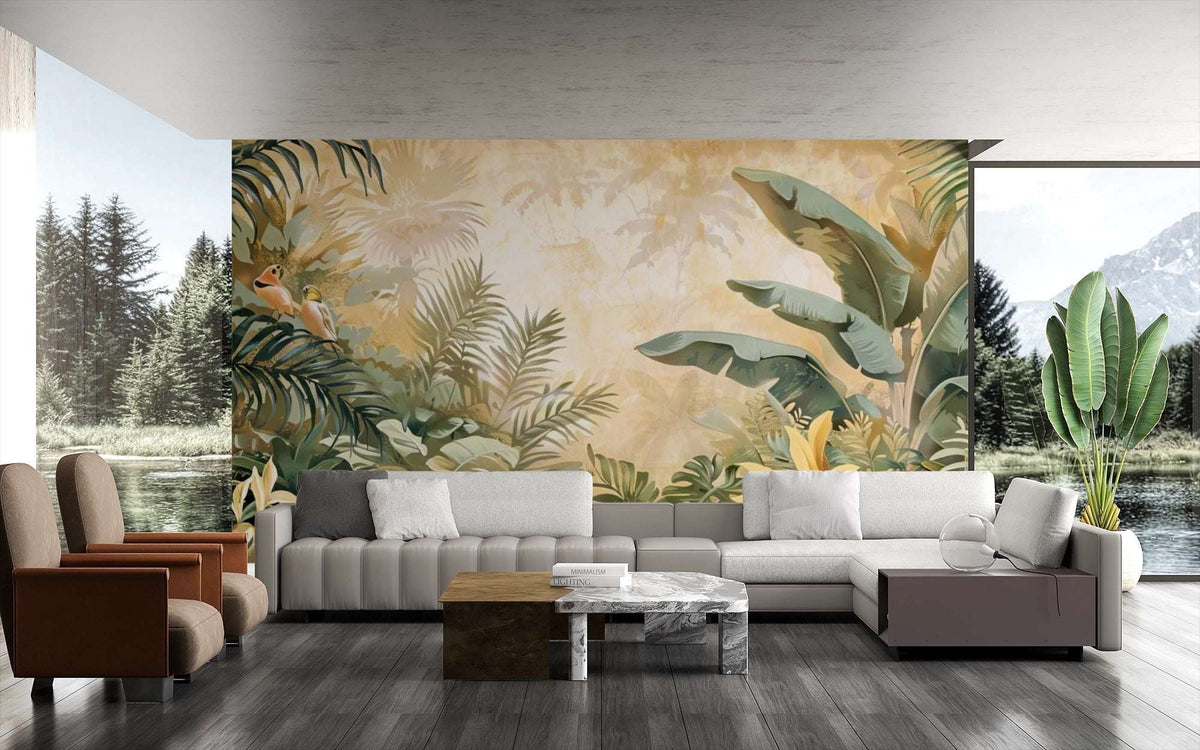 Tropical Jungle Wall Mural - Birds and Tropical Leaves Mural