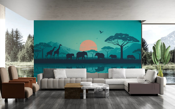 African Savanna Sunset Wall Mural Safari Animals Wallpaper - Wallmotif.com
