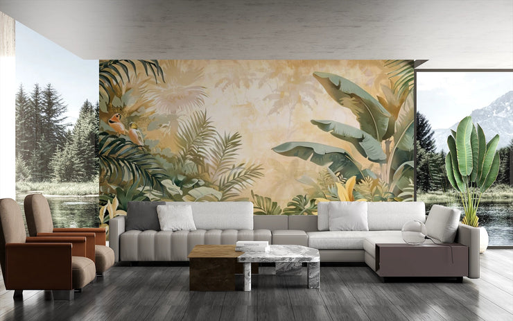 Tropical Jungle Wall Mural - Birds and Tropical Leaves Mural - Wallmotif.com