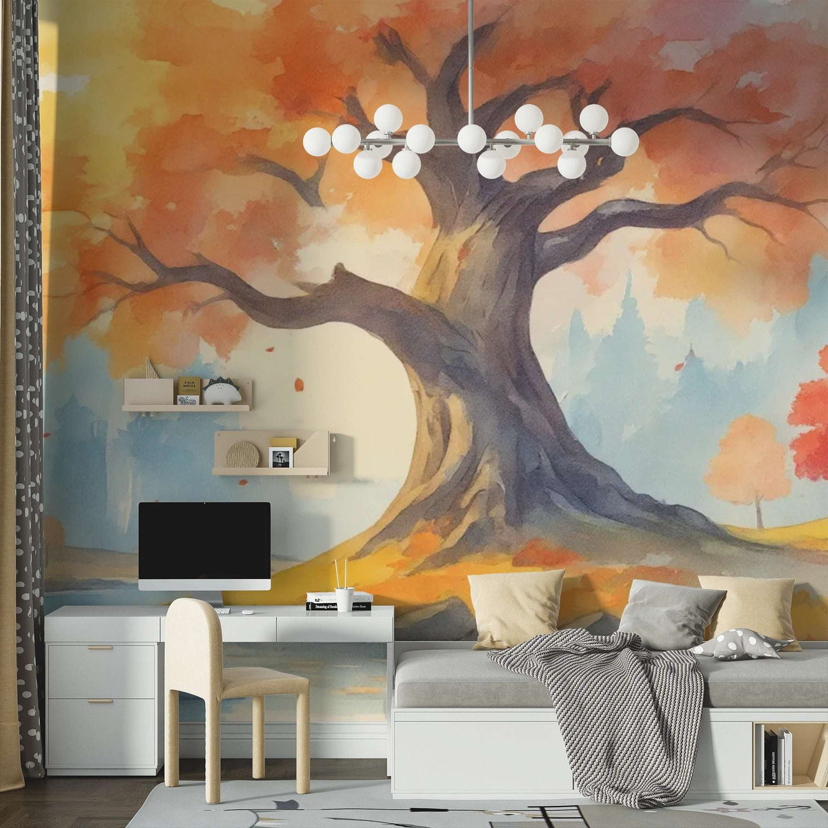Watercolor Autumn Tree Wall Mural - Large Autumn Tree Mural Wallpaper