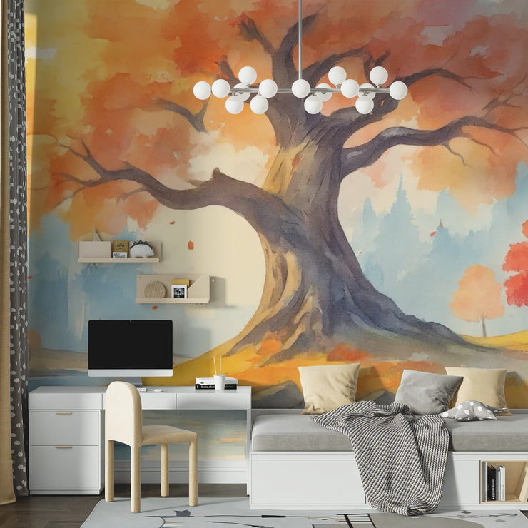 Watercolor Autumn Tree Wall Mural - Large Autumn Tree Mural Wallpaper - Wallmotif.com