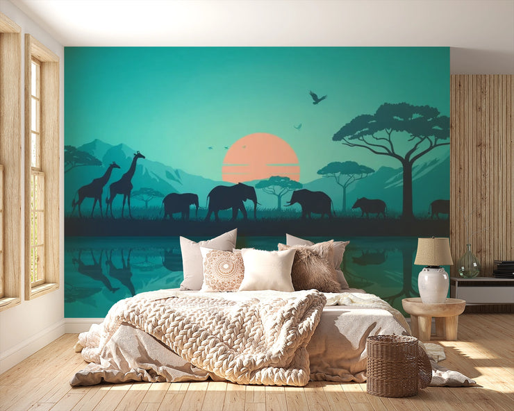 African Savanna Sunset Wall Mural Safari Animals Wallpaper - Wallmotif.com