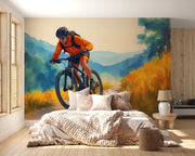 Dynamic Mountain Biker Wall Mural - Watercolor Cycling Adventure Wallpaper Art - Wallmotif.com