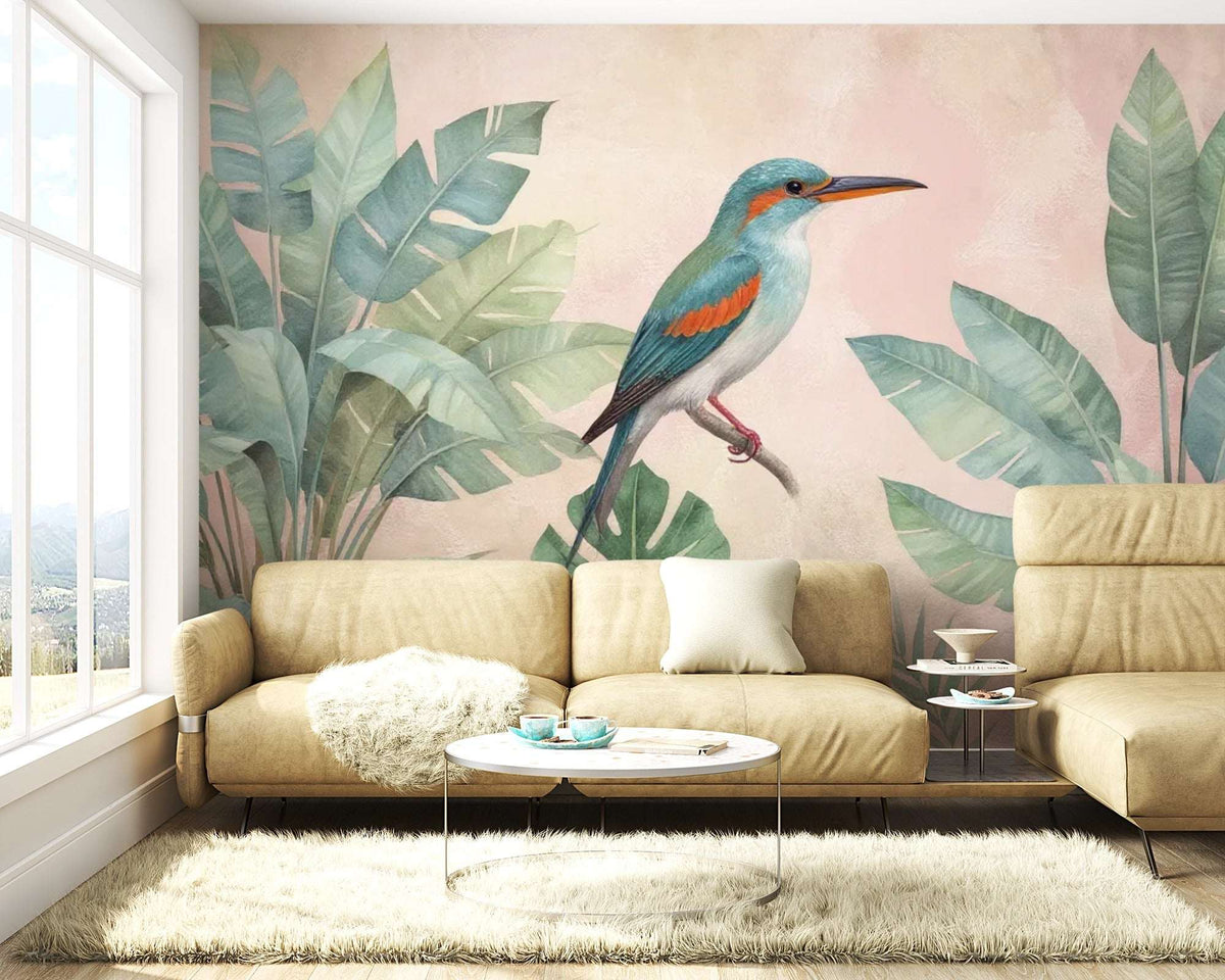 Tropical Bird and Leaf Wall Mural - Vibrant Home Decor