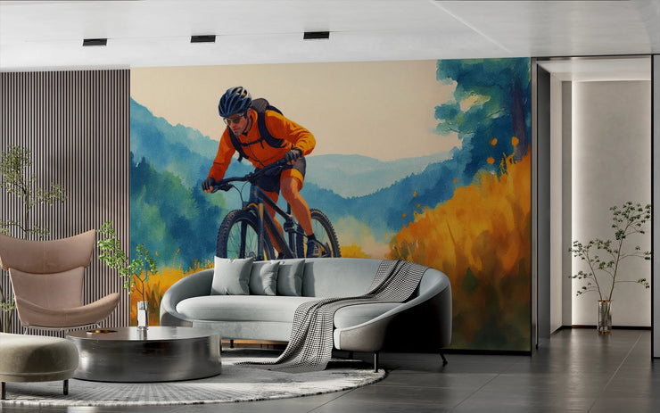 Dynamic Mountain Biker Wall Mural - Watercolor Cycling Adventure Wallpaper Art - Wallmotif.com