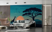 Twilight African Safari Wallpaper Mural - Sunset Giraffe Elephant Wall Art - Wallmotif.com