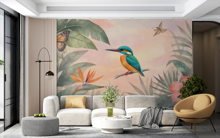 Serene Kingfisher & Tropical Leaf Wall Mural - Wallmotif.com
