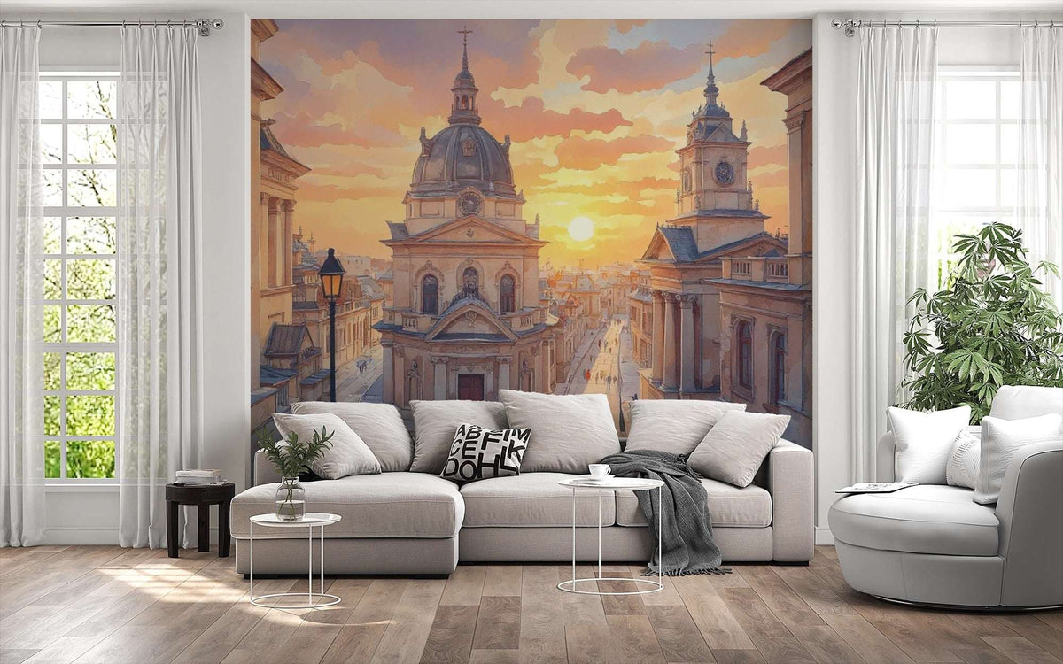 Sunset European Cityscape Wall Mural - Elegant Home Decor
