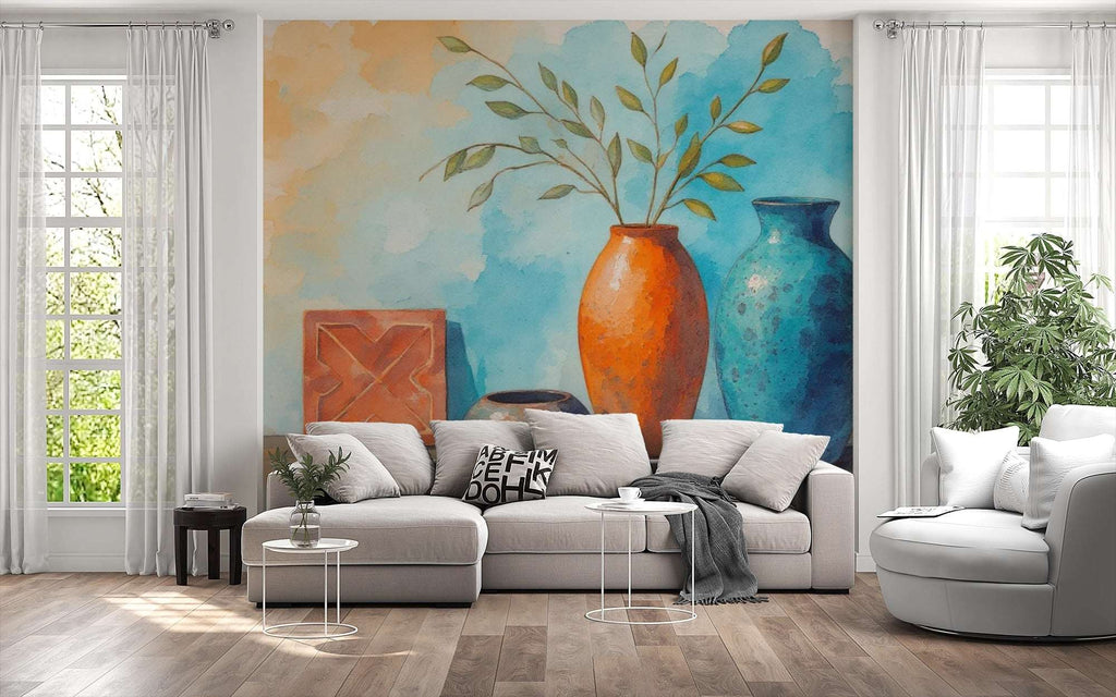 Vibrant Vase and Pampas Grass Wall Mural - Modern Home Decor