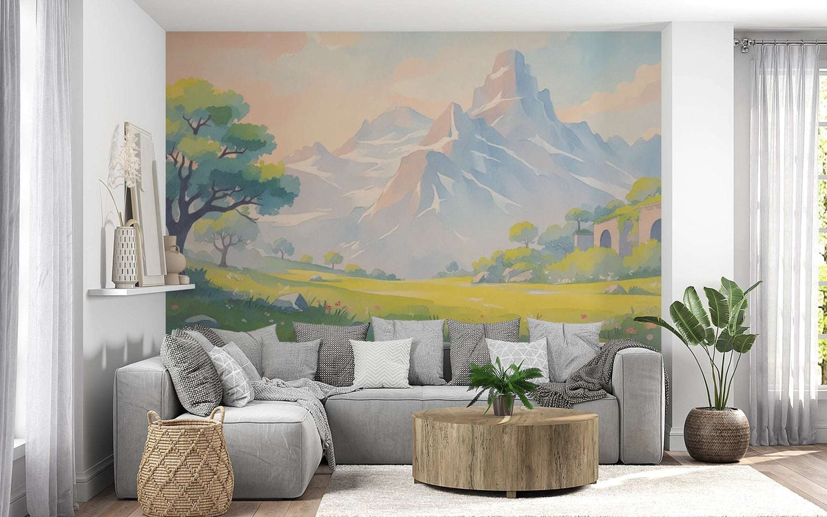 Pastel Mountain Landscape Wall Mural - Watercolor Alpine Scenery Wallpaper
