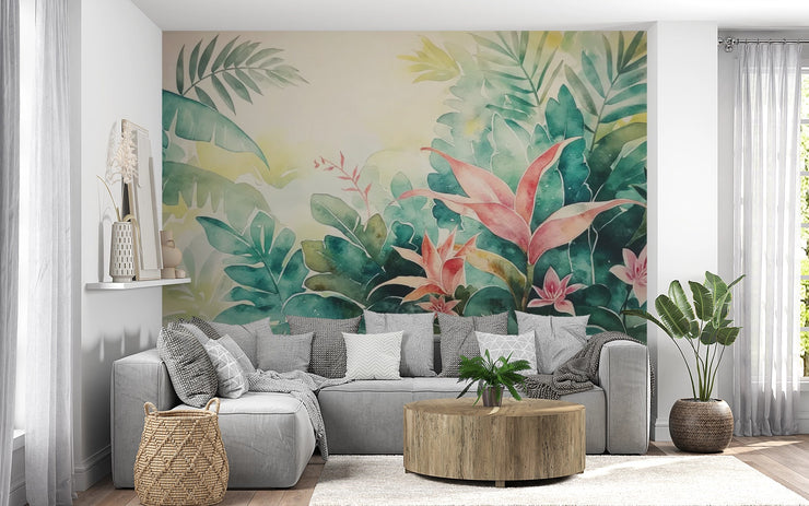 Tropical Watercolor Jungle Wall Mural - Floral & Leaf Wallpaper - Wallmotif.com