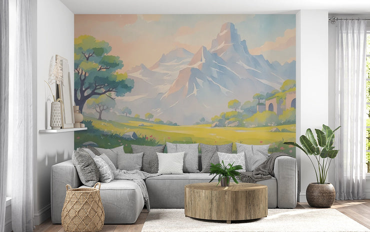 Pastel Mountain Landscape Wall Mural - Watercolor Alpine Scenery Wallpaper - Wallmotif.com
